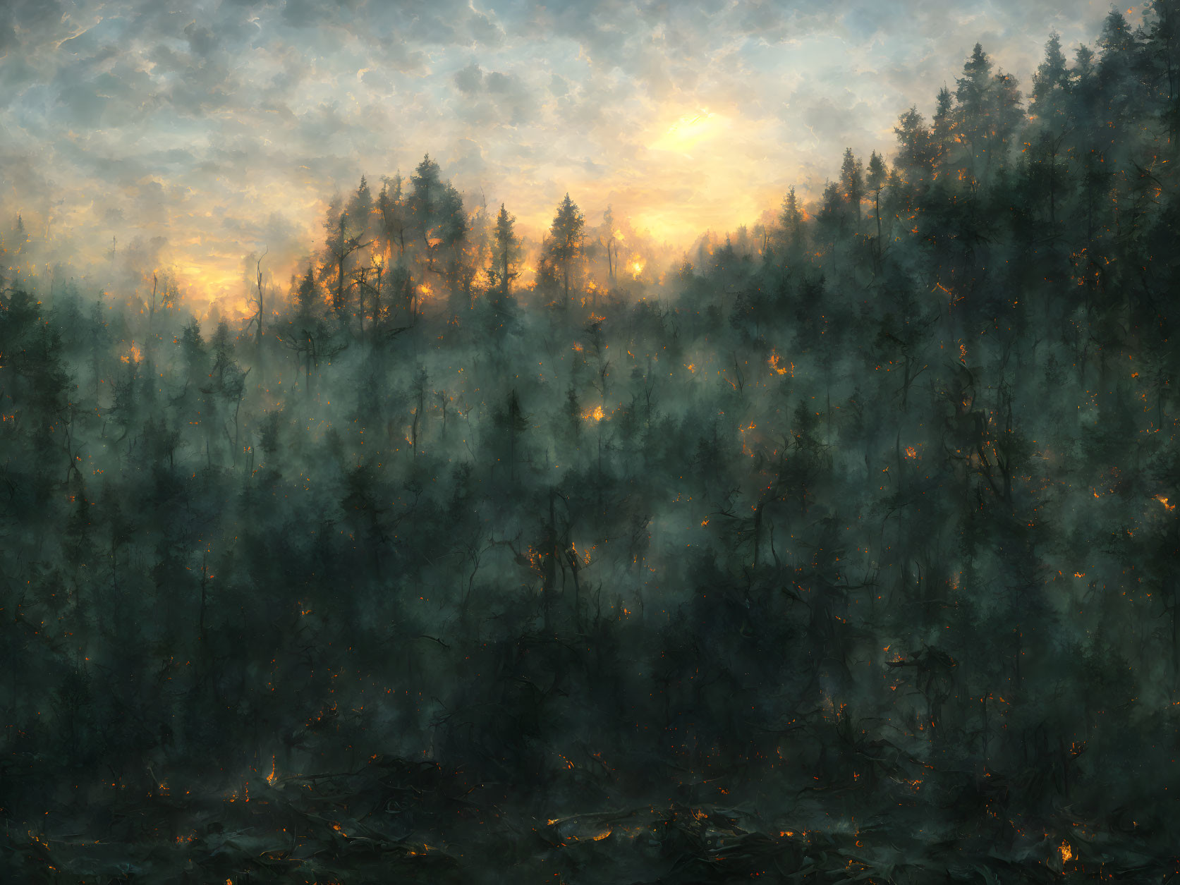 Misty forest scene with sunlight filtering through foliage