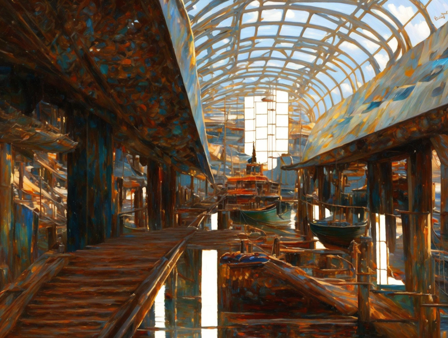 Indoor boat dock painting with sunlit glass ceiling