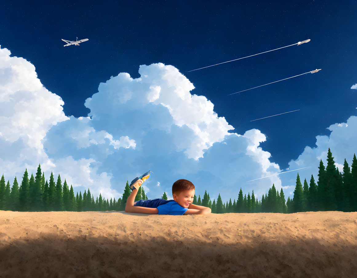 Child with toy plane watching real planes in sky with clouds and shooting stars