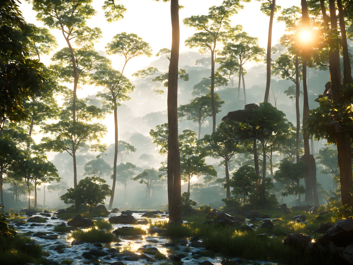 Misty forest sunrise over stream with rocks and trees