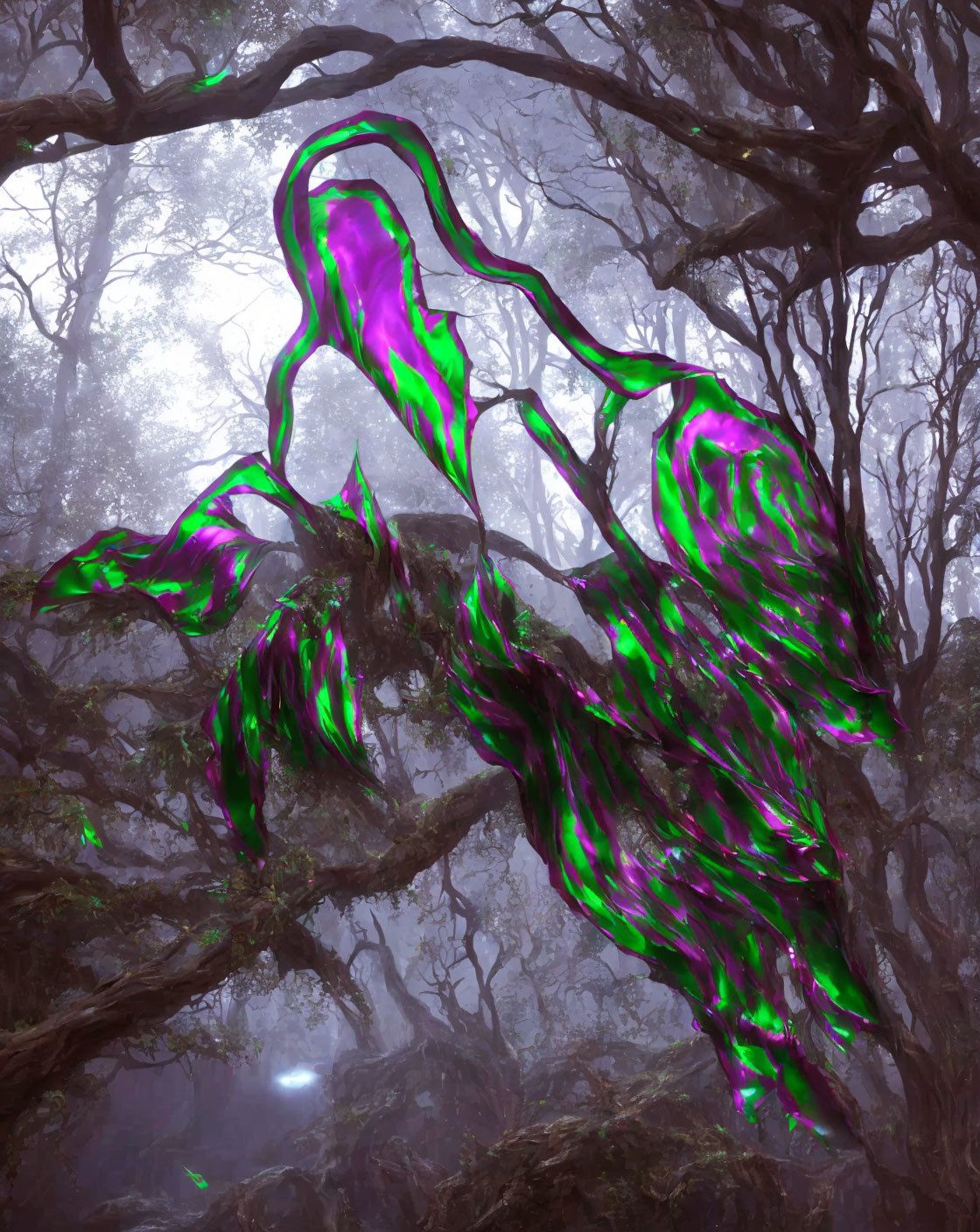 Twisted trees in misty forest with green and purple light streaks