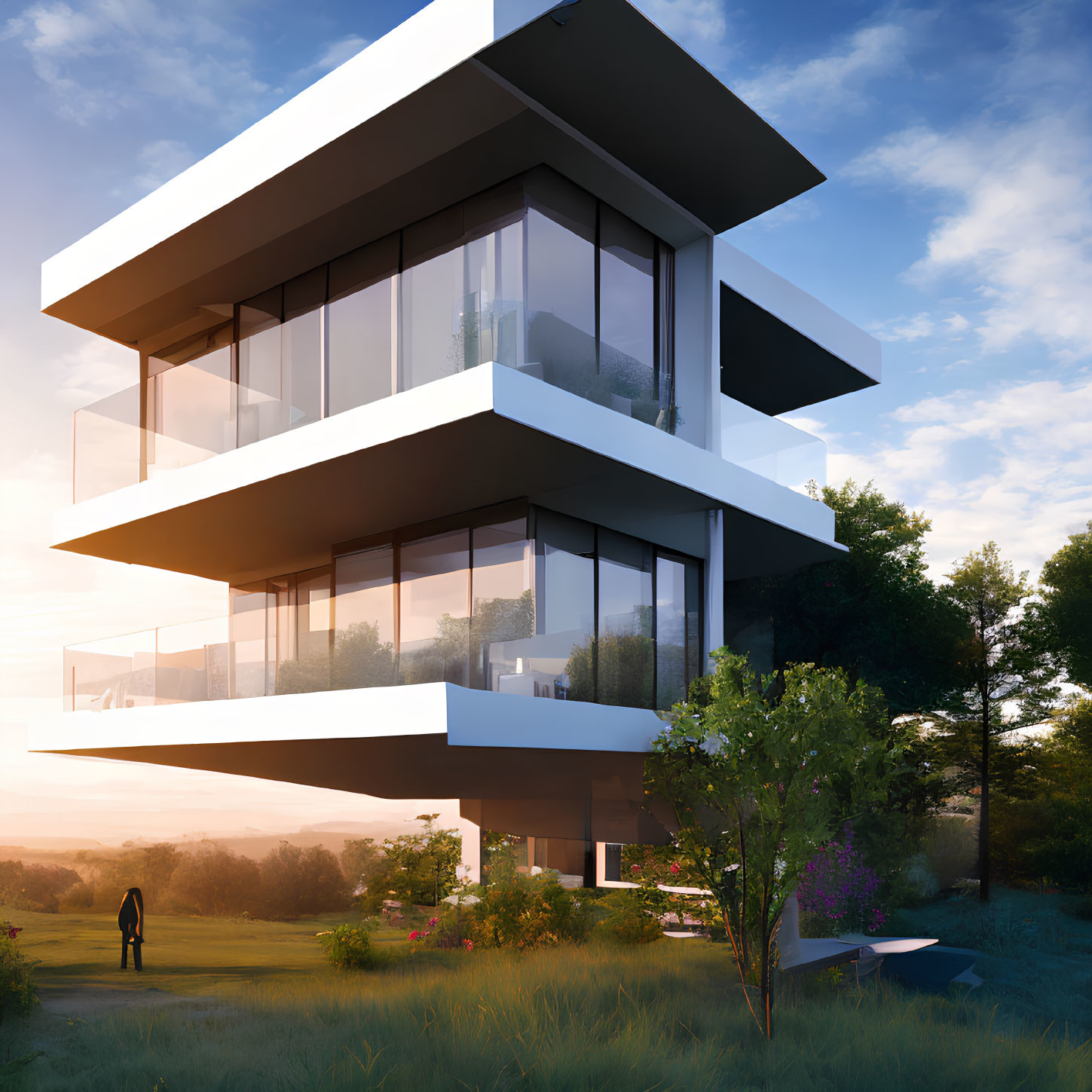 Modern multi-level house with expansive glass windows and cantilevered design in natural setting at sunset