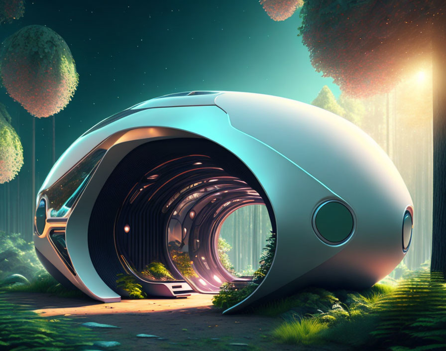 Futuristic pod-shaped habitat in lush forest with glowing interior