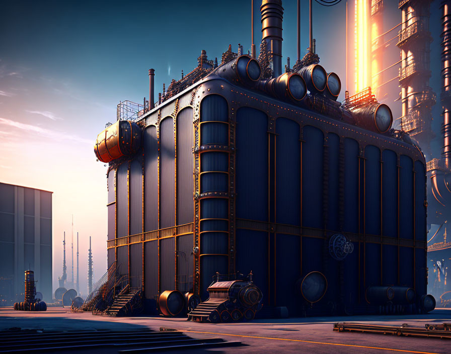 Futuristic industrial facility with metallic tanks and pipes at sunrise