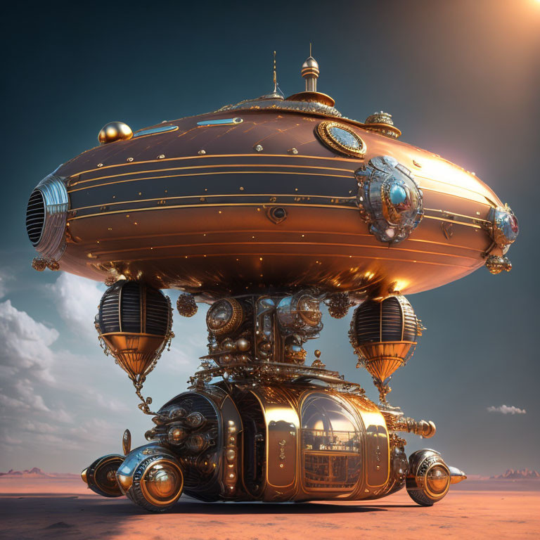 Steampunk-style airship with ornate brass detailing above desert