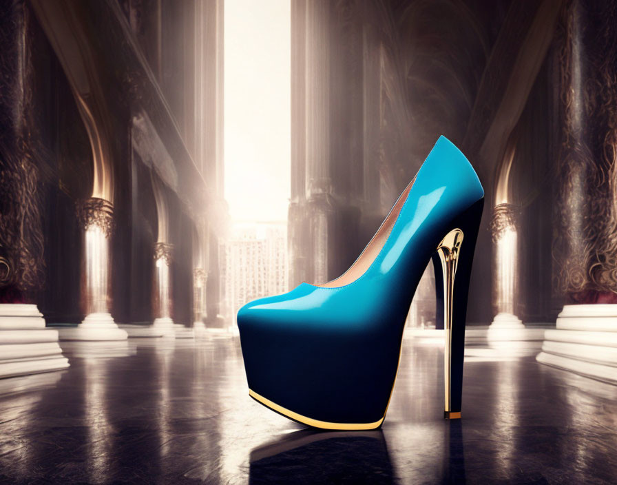 Blue high heel shoe with gold sole in grand hall