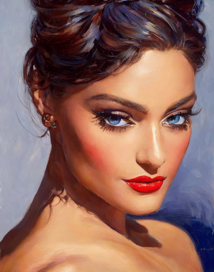 Close-Up Portrait of Woman with Striking Blue Eyes and Red Lipstick