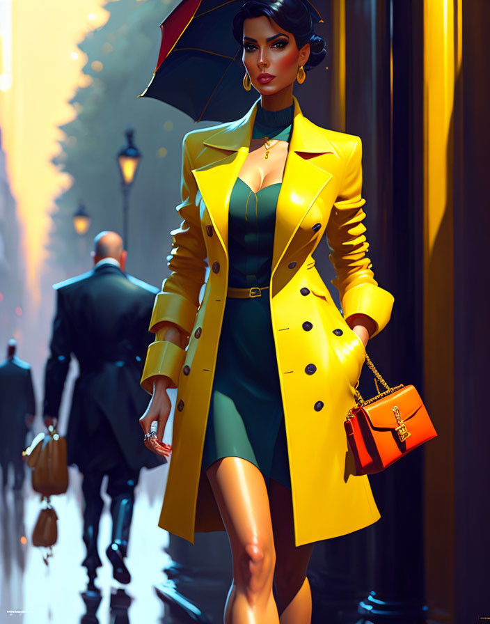 Fashionable woman in yellow coat and green dress walking in city street