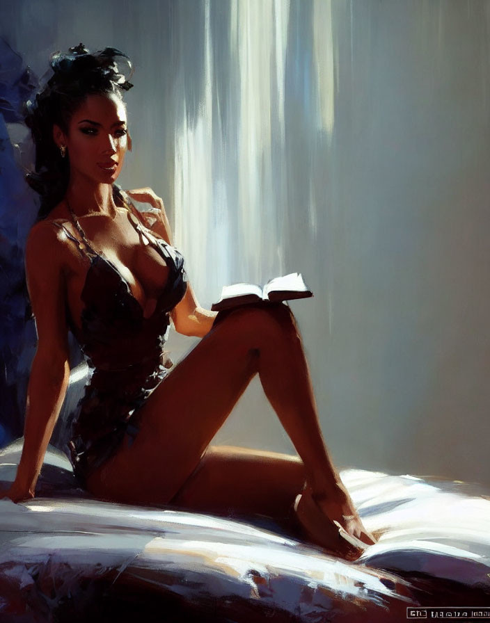 Illustrated woman reading book in sunlight and shadows