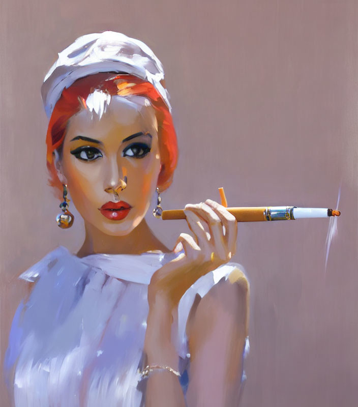 Portrait of woman with red hair and white hat holding cigarette.