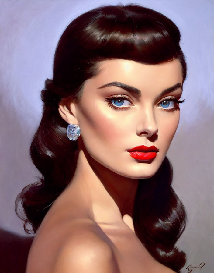 Portrait of woman with classic hairstyle, blue eyes, red lipstick, and gemstone earring