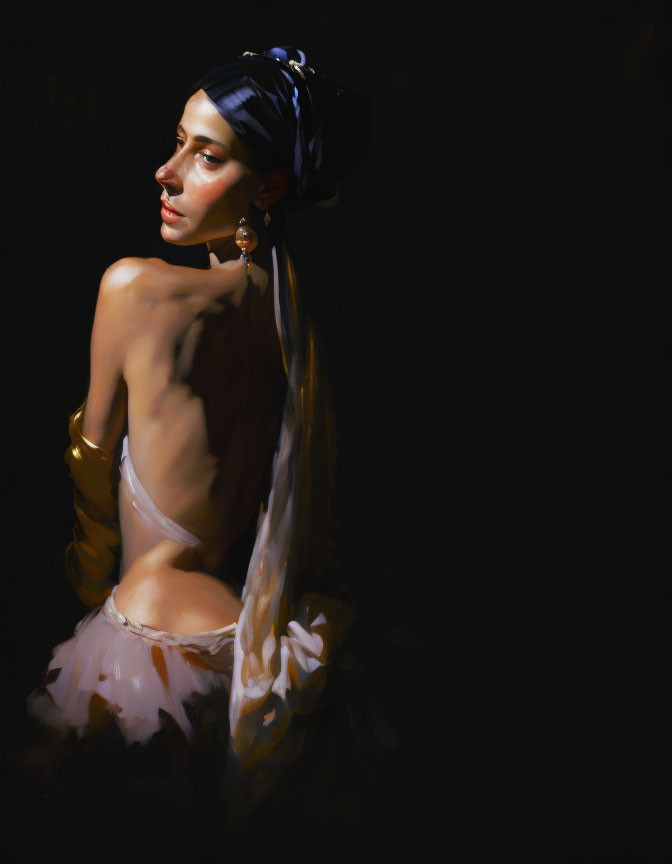 Woman in Blue Headscarf and Gold Earrings Portrait on Dark Background