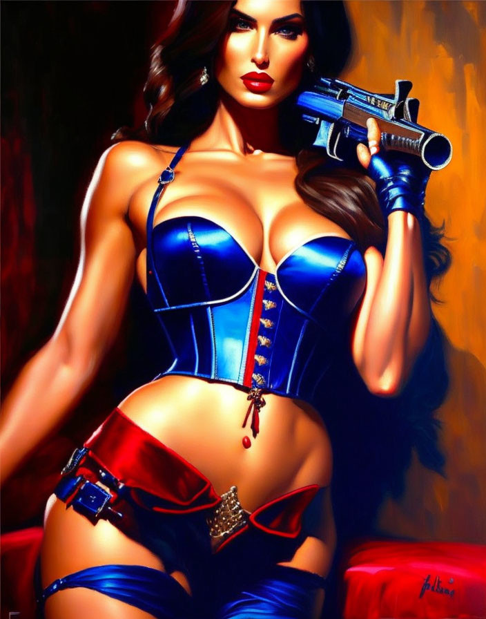 Illustration of woman in blue lingerie with gun on red background