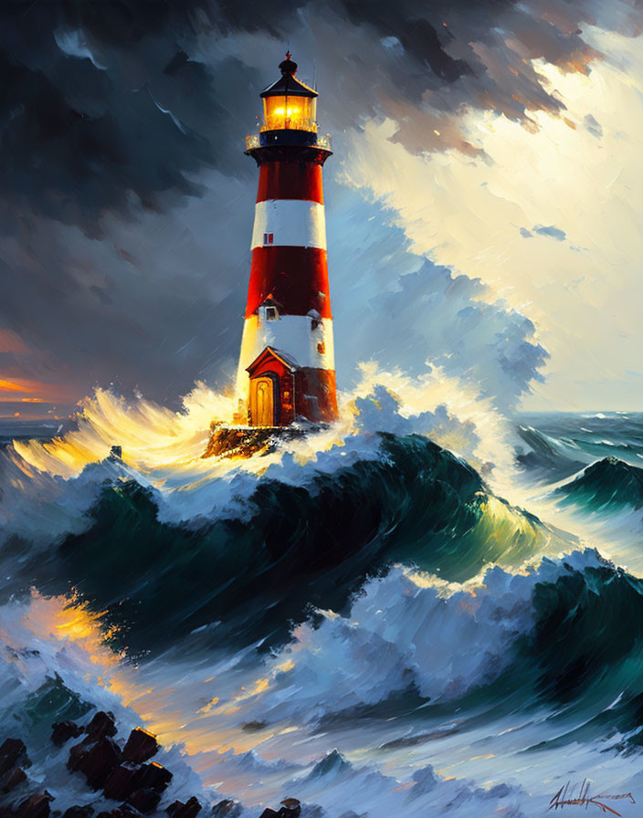 Red and White Striped Lighthouse in Stormy Seas