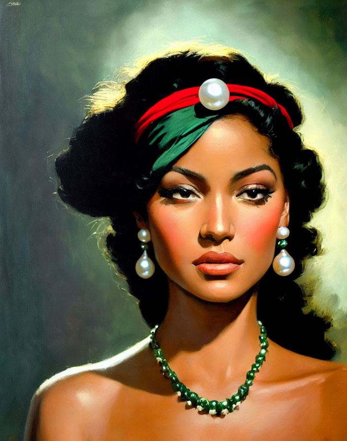 Portrait of a woman with red and green headband and pearl earrings