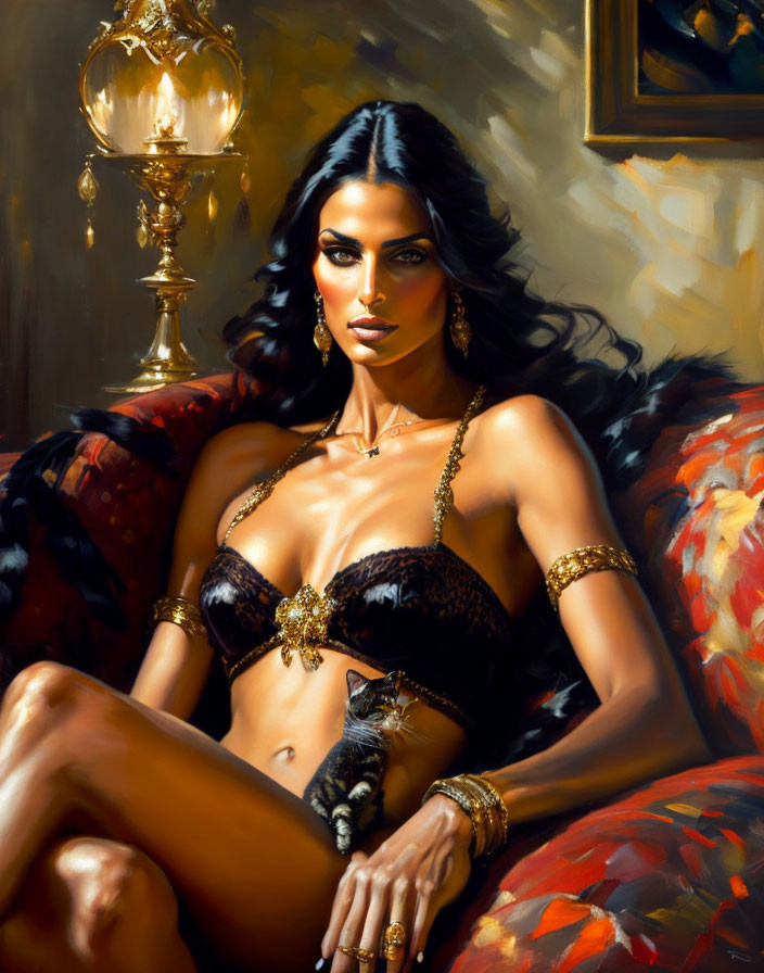 Luxurious Black and Gold Outfit: Woman on Red Sofa