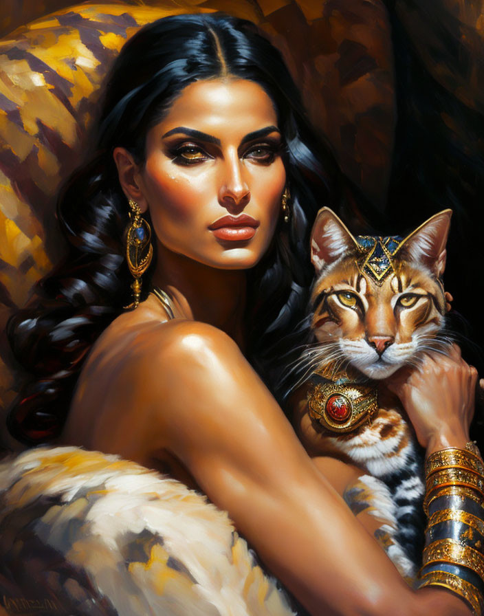 Dark-haired woman with ornate cat in luxurious jewelry on golden backdrop