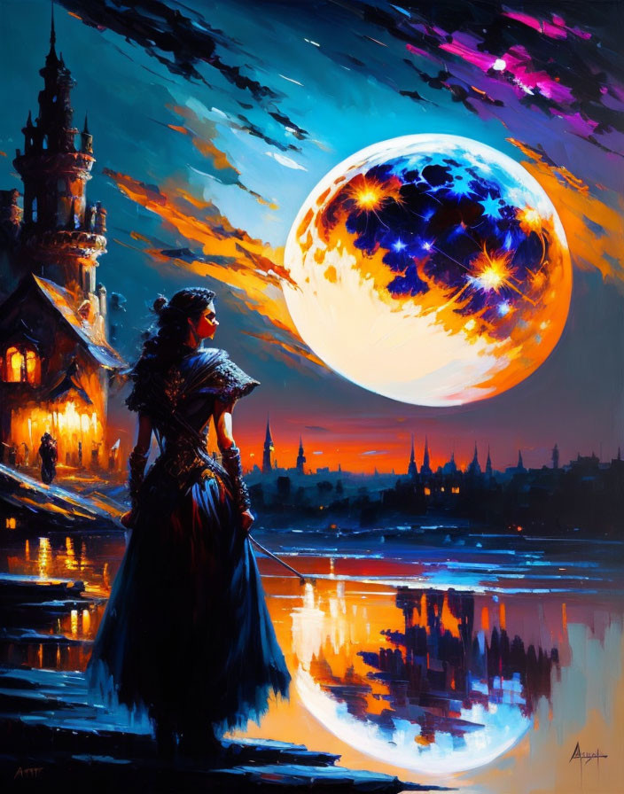 Woman in ball gown gazes at vivid moon over illuminated castle by lakeside