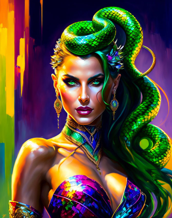 Illustrated woman with green snakes in hair and colorful attire on vivid background