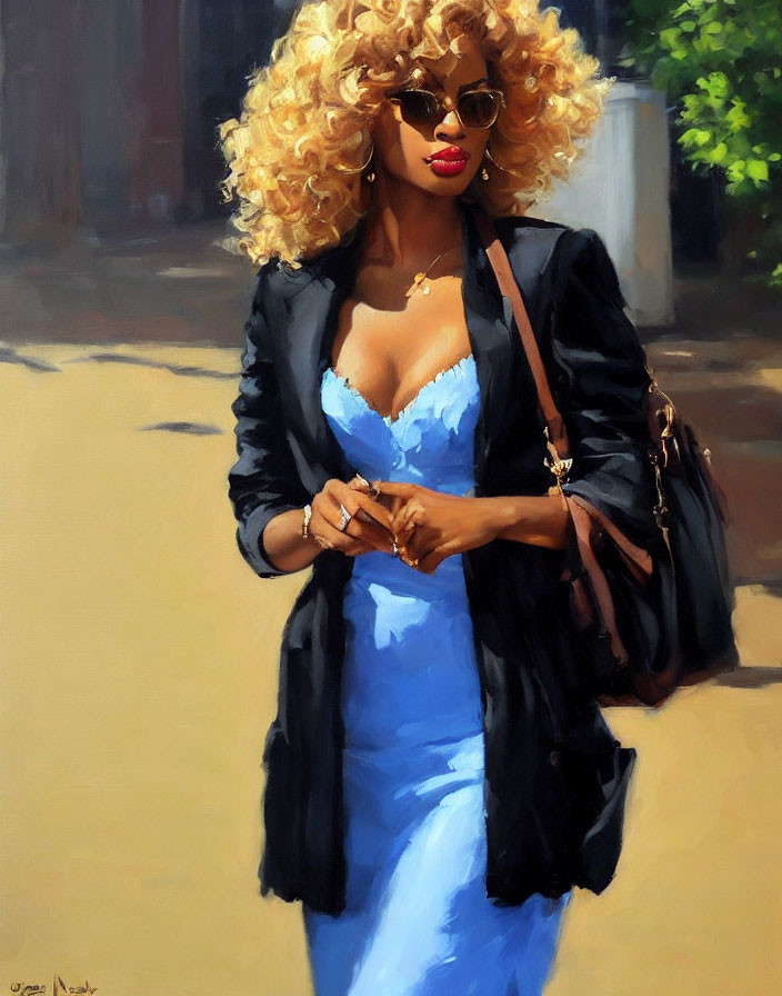 Blonde woman in sunglasses, blue dress, and black jacket with purse