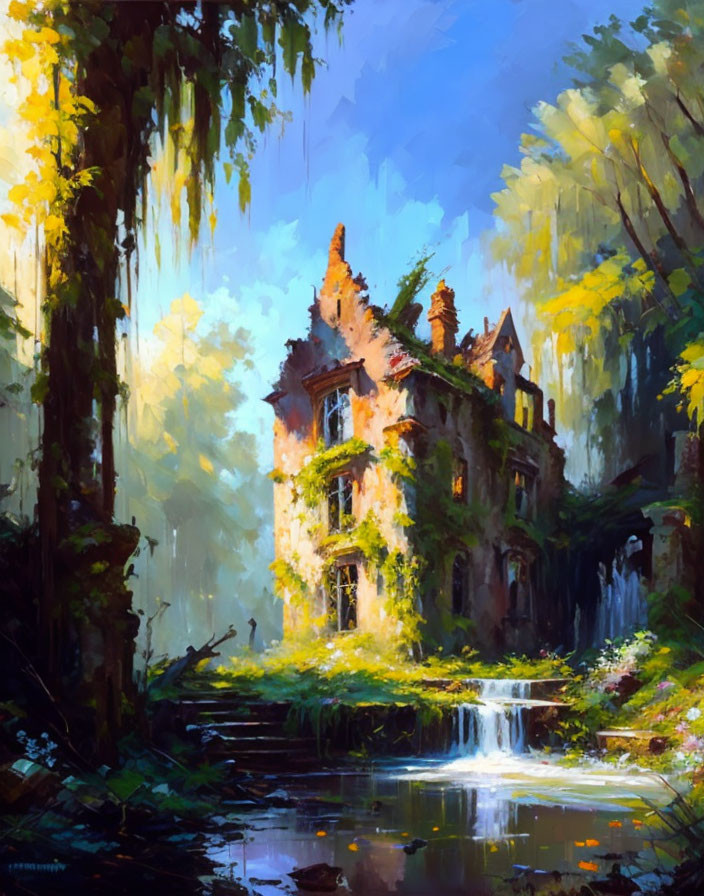 Dilapidated Gothic building in mystical forest with sunbeams and waterfall