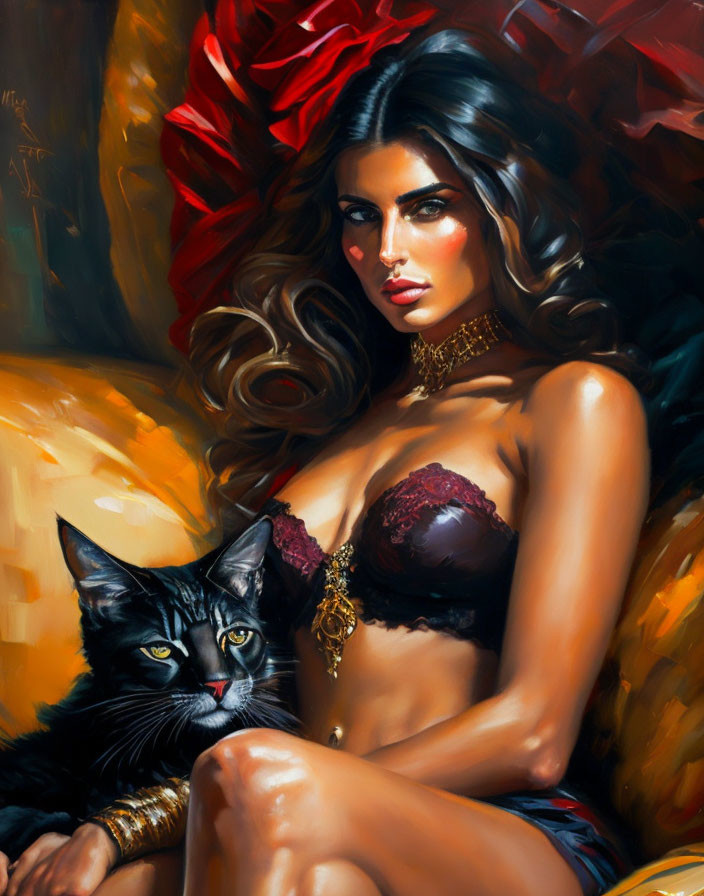 Woman with Long Hair Sitting Next to Black Cat in Warm Tones