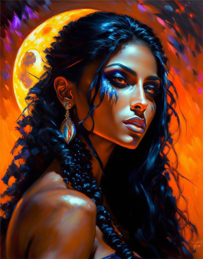 Stylized portrait of woman with dark hair and blue makeup under golden full moon