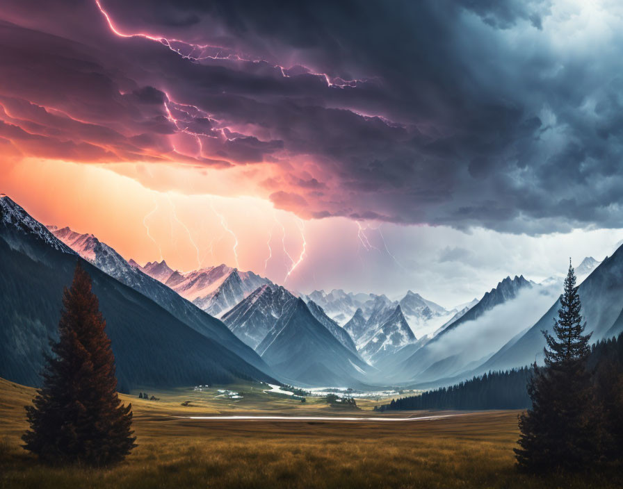 Dramatic mountain landscape with stormy sky and lightning strikes