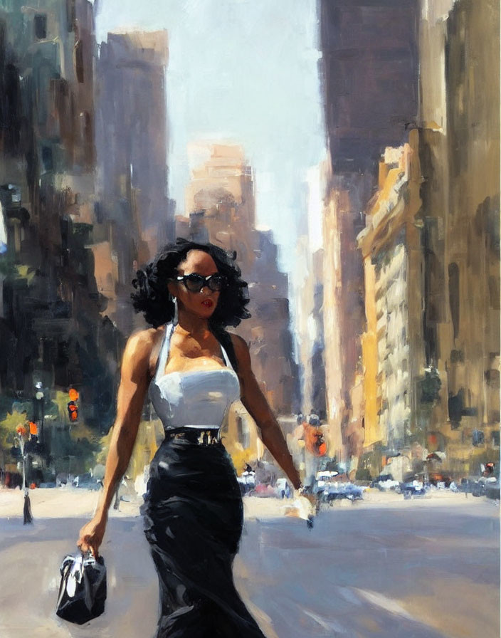 Confident woman in white top and black skirt walking on sunlit urban street.