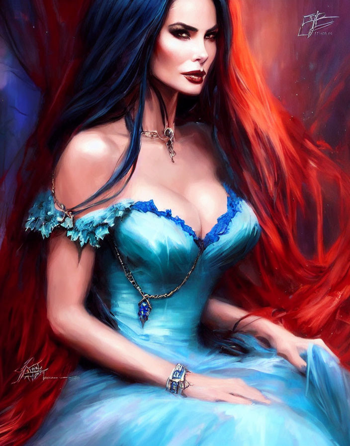 Digital painting of woman with red hair, blue eyes, in plunging neckline dress