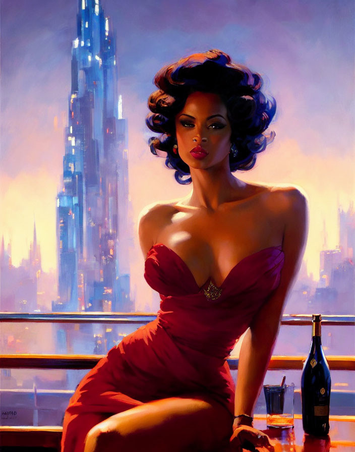 Elegant woman in red dress with bottle and glass in futuristic cityscape