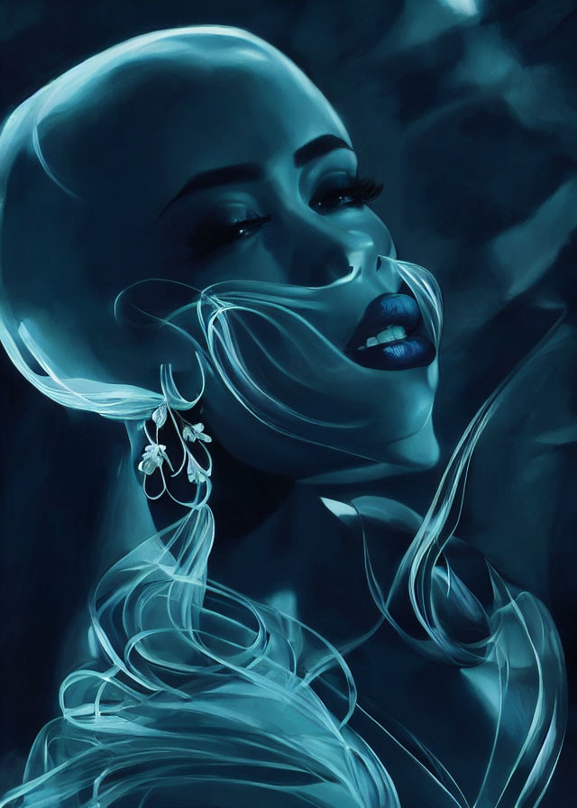 Stylized digital artwork of a woman in exaggerated pose with monochromatic blue tones