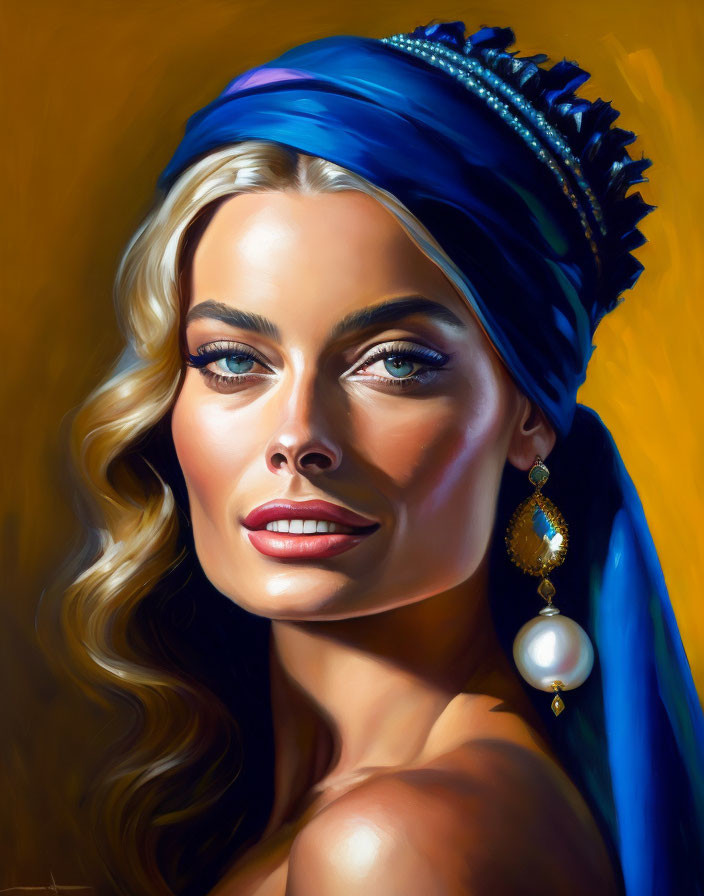 Portrait of woman with blue eyes, blue headwrap, pearl earrings, and blonde hair