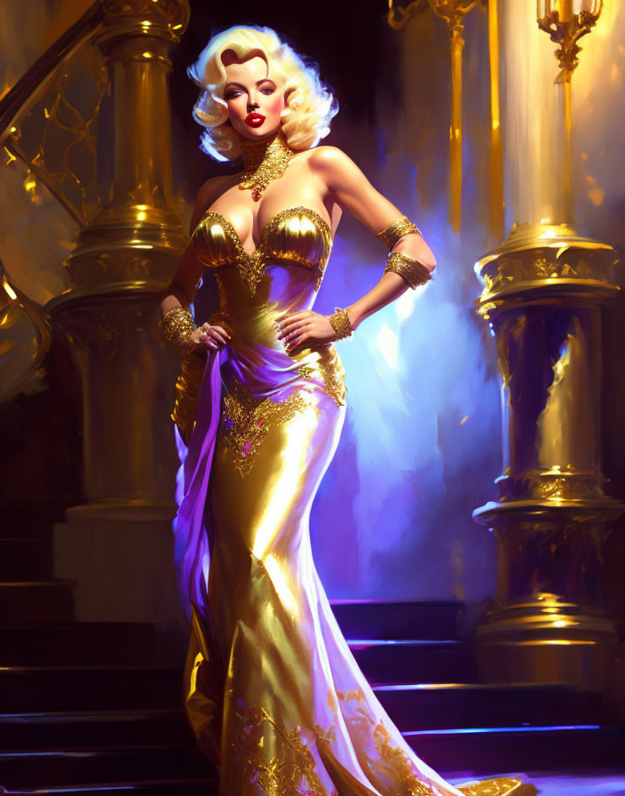 Glamorous woman in golden gown with bold hairstyle on grand staircase