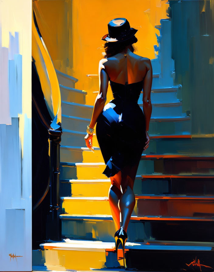 Woman in Black Outfit Ascends Sunlit Steps with Dynamic Shadow