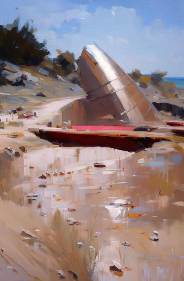 Impressionistic painting of capsized boat on sandy beach