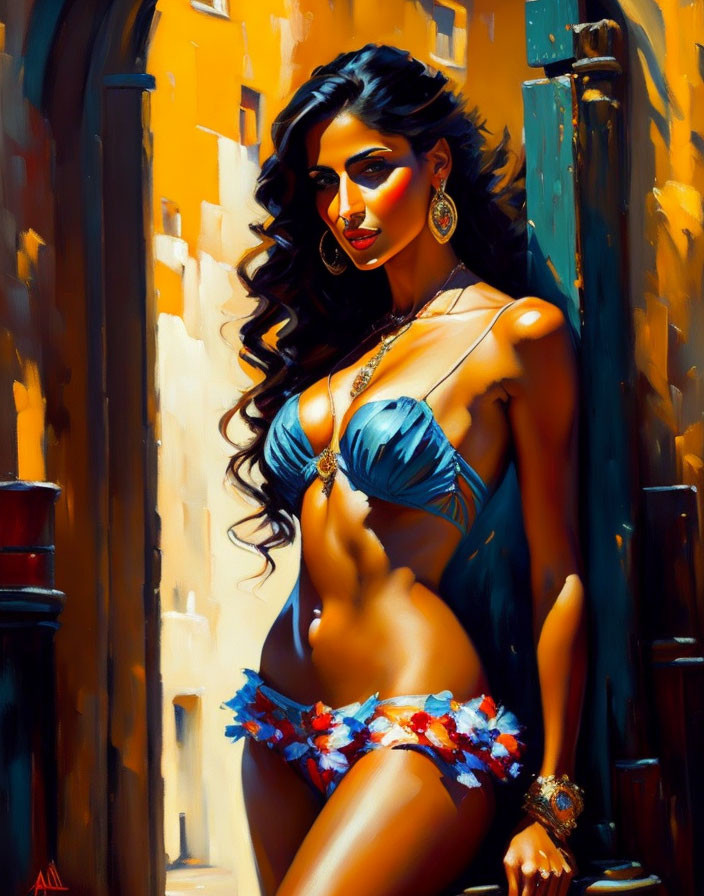 Dark-haired woman in blue bikini and skirt with gold jewelry in sunlit alley