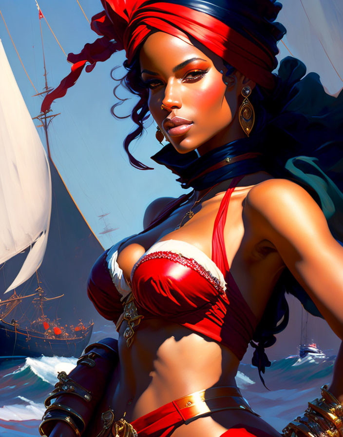 Female pirate digital artwork: red headscarf, golden earrings, red bikini top, sailing ships.