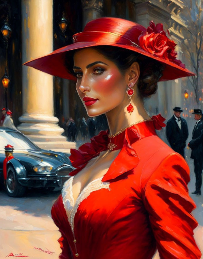 Elegant woman in red dress and hat with rose by vintage car