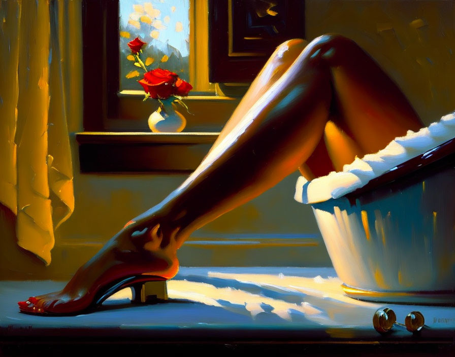 Stylized painting of woman's crossed legs with red high heels, bath, and red rose vase