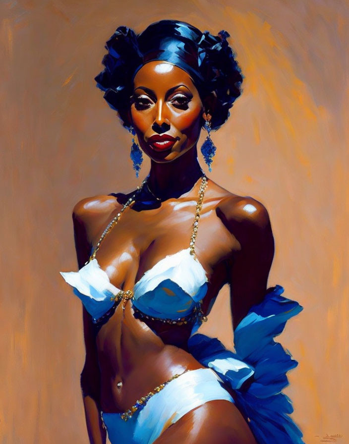 Stylized woman in blue bikini with jewelry on warm background