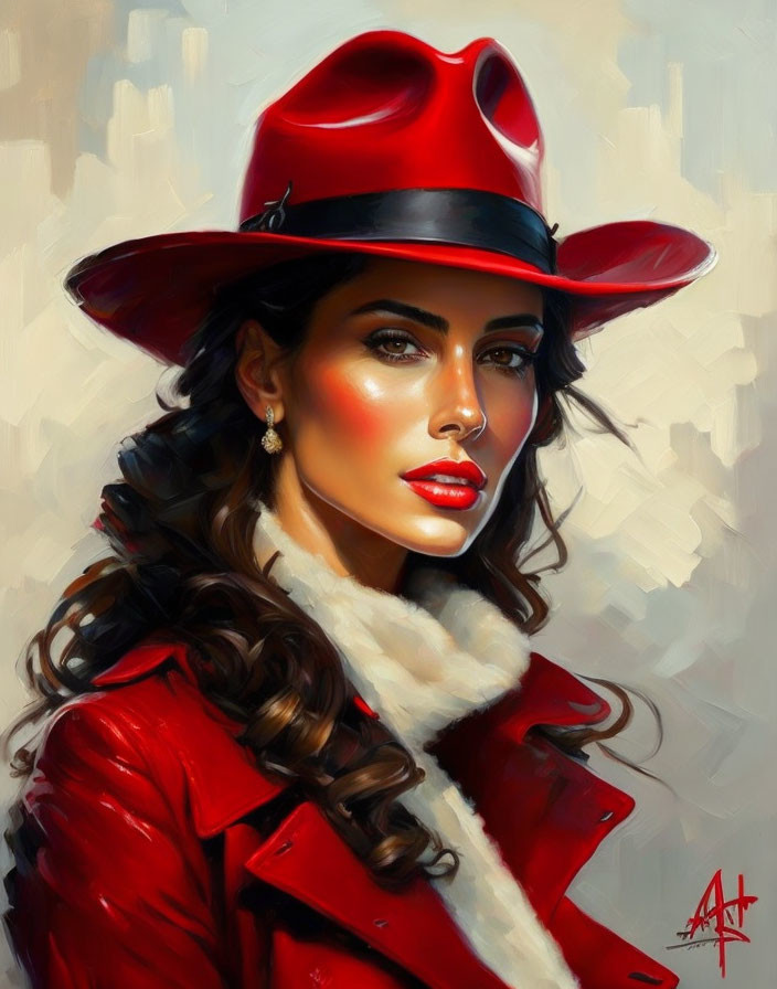 Portrait of woman with porcelain skin and red lipstick in red hat and jacket with white fur collar exudes