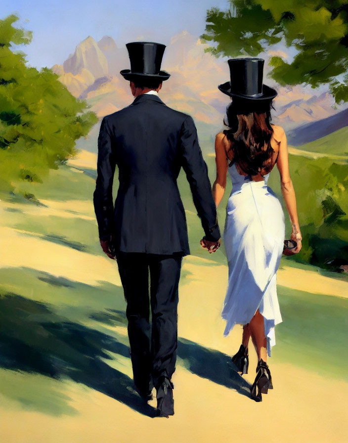 Formal couple in top hats strolling on sunlit path with mountains.