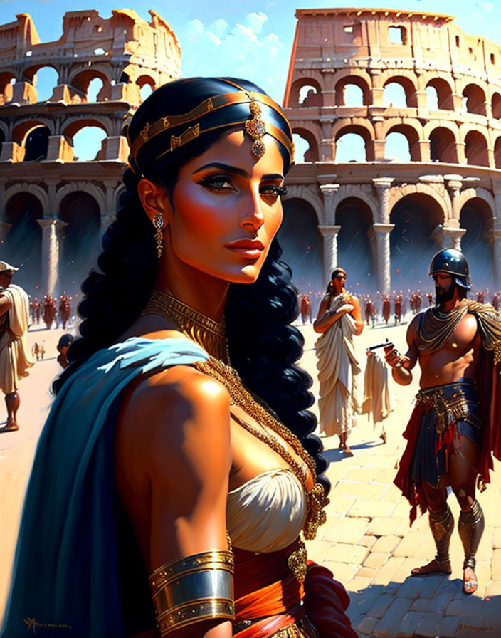 Illustrated woman in Roman attire at Colosseum with soldier in background