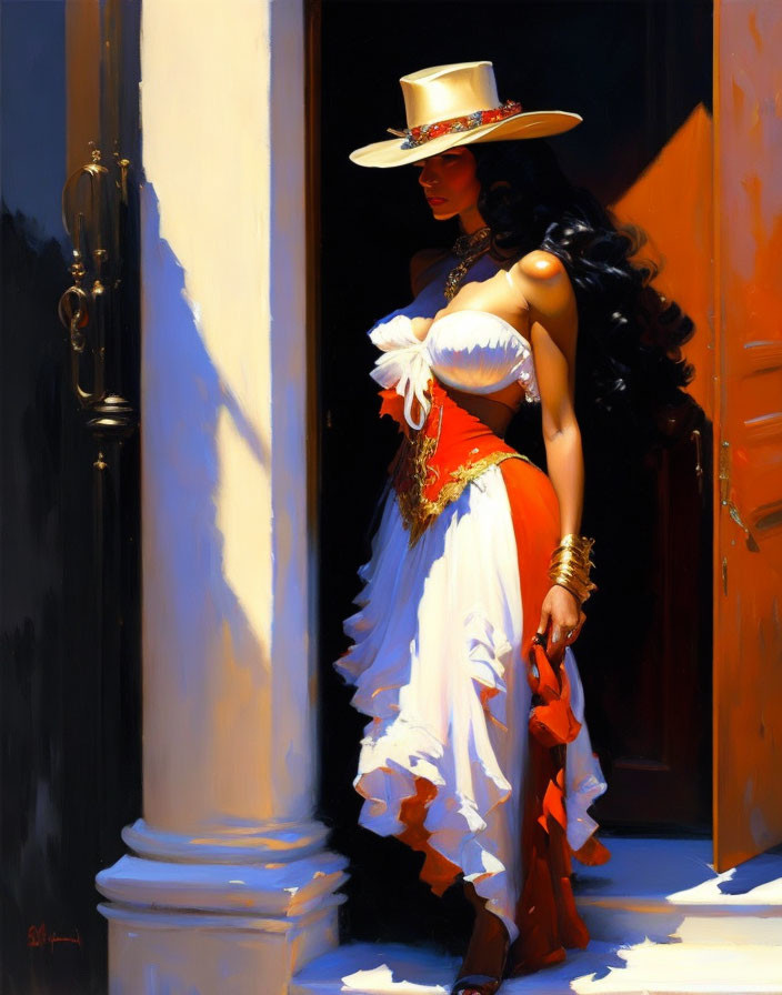 Woman in flowing white and red dress in sunlit doorway, exuding elegance and mystery