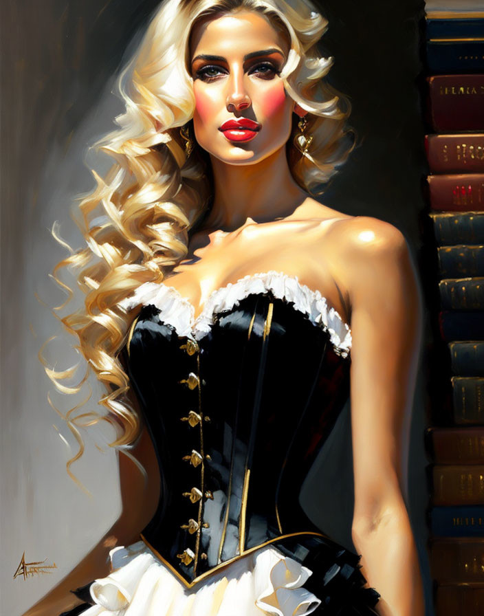 Blonde woman in black corset with red lipstick against book spines