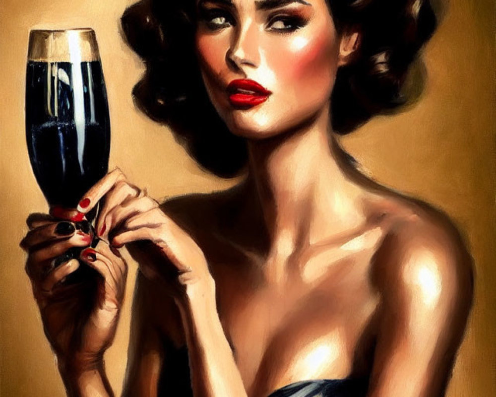 Classical painting of elegant woman with wavy hair and red lips holding a wine glass