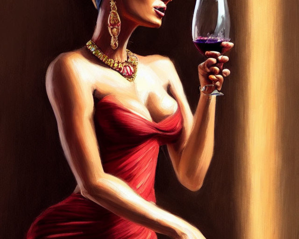 Person in red dress with headdress holding wine glass exudes elegance