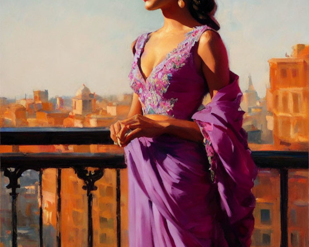 Woman in Purple Saree on Balcony Overlooking Cityscape at Sunset