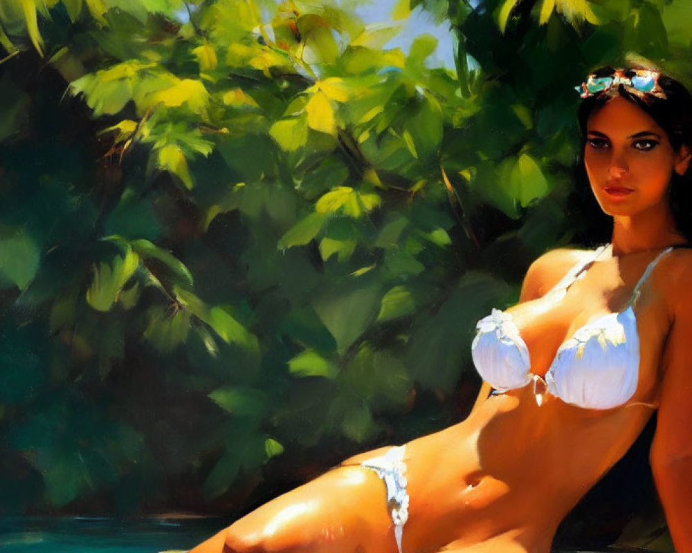 Woman in white bikini by water with sunlit foliage backdrop and flower in hair